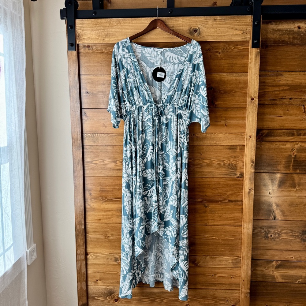 Mittoshop Leaf Print Kimono Coverup Wrap Duster Blueish-Green & White